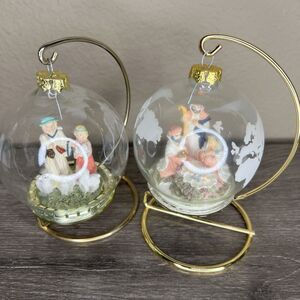 House of Lloyd 1994 Set of 2 Nativity Glass Globe Christmas Ornaments w/ Stands
